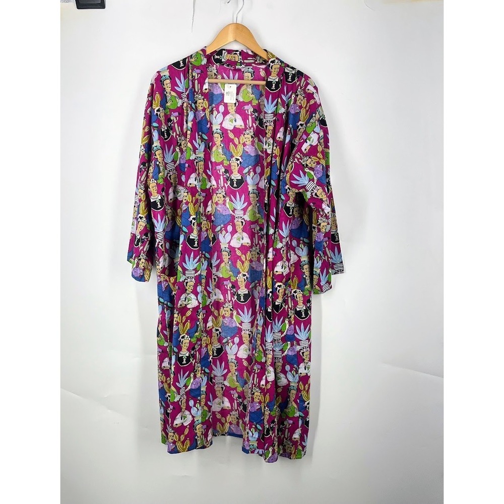 Frida‎ Kahlo Portrait Print Duster Cardigan Magenta Tropical Art Long Kimono OS